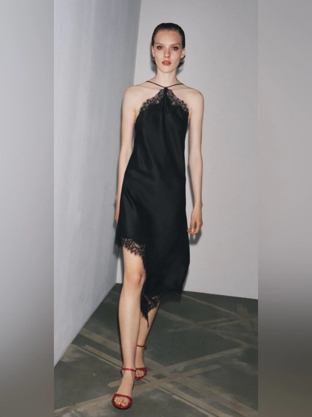 Zara ZW COLLECTION Black ASYMMETRIC LACE SATIN DRESS Size L - Picture 2 of 7